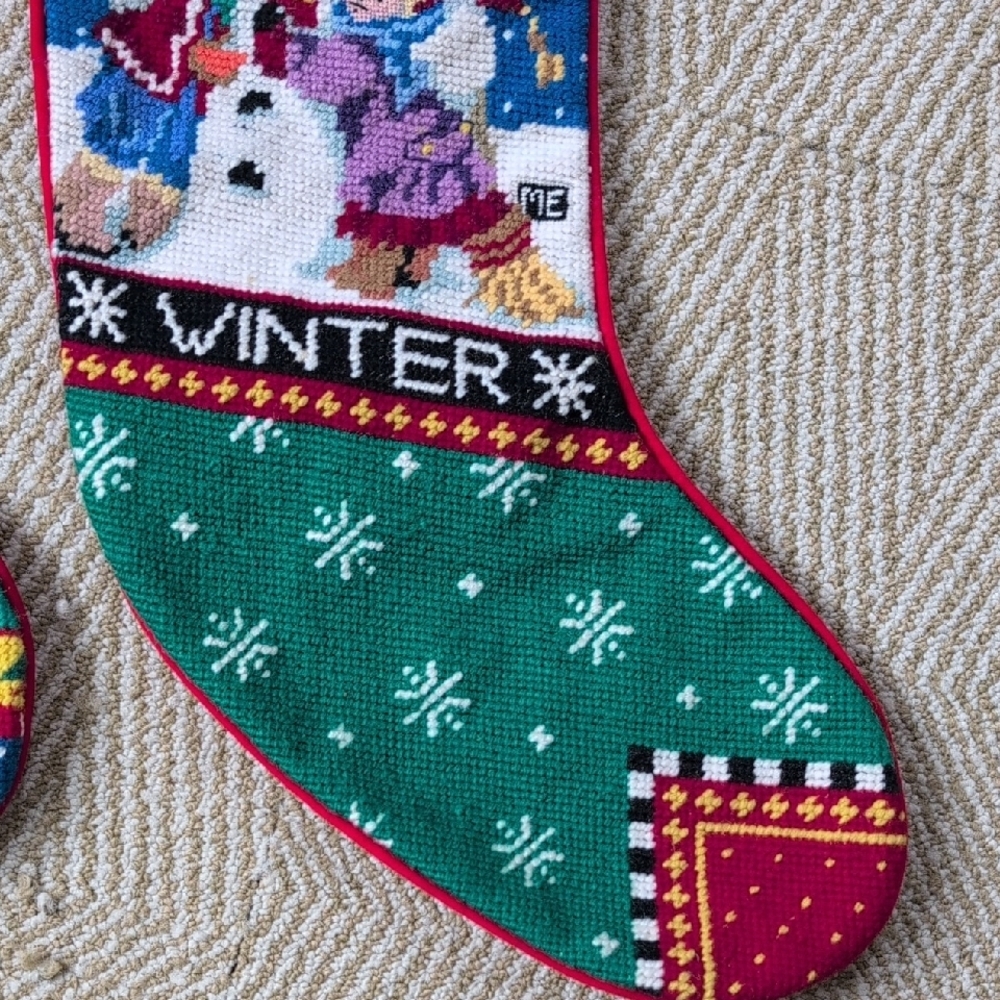 Mary Engelbreit Vintage Santa Snowman Needlepoint Velvet Holiday Stockings - Picture 7 of 11
